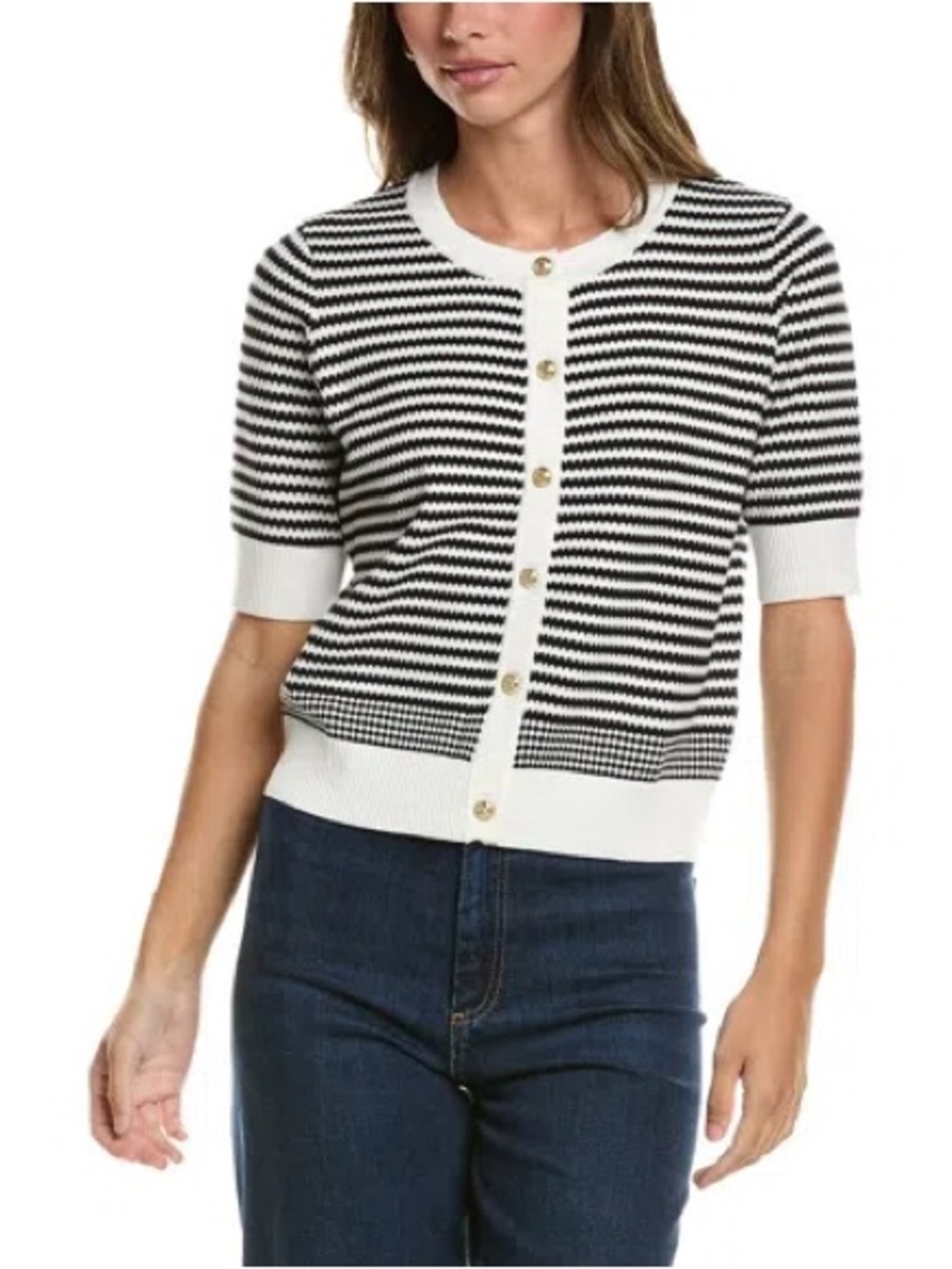 Adrianna Papell Black & White Striped Short-Sleeve Cardigan